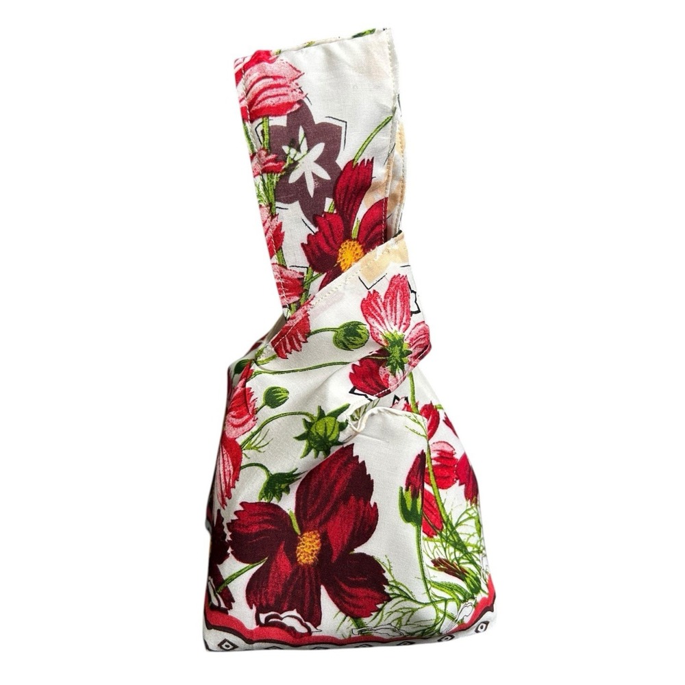 Japanese Knot Bag Handmade Delicate Wild Pansies Wrist Bag Lined 11.5x5.5x4 New